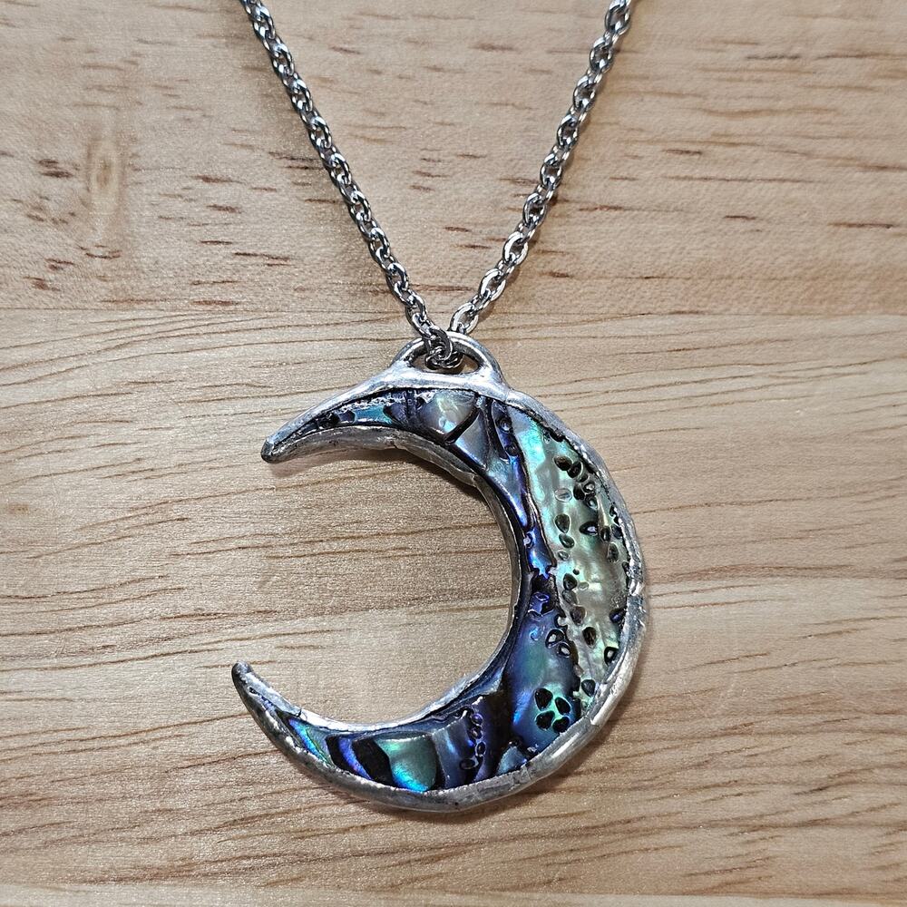 Abalone Crescent Moon Reversible Pendant Necklace with Silver Chain